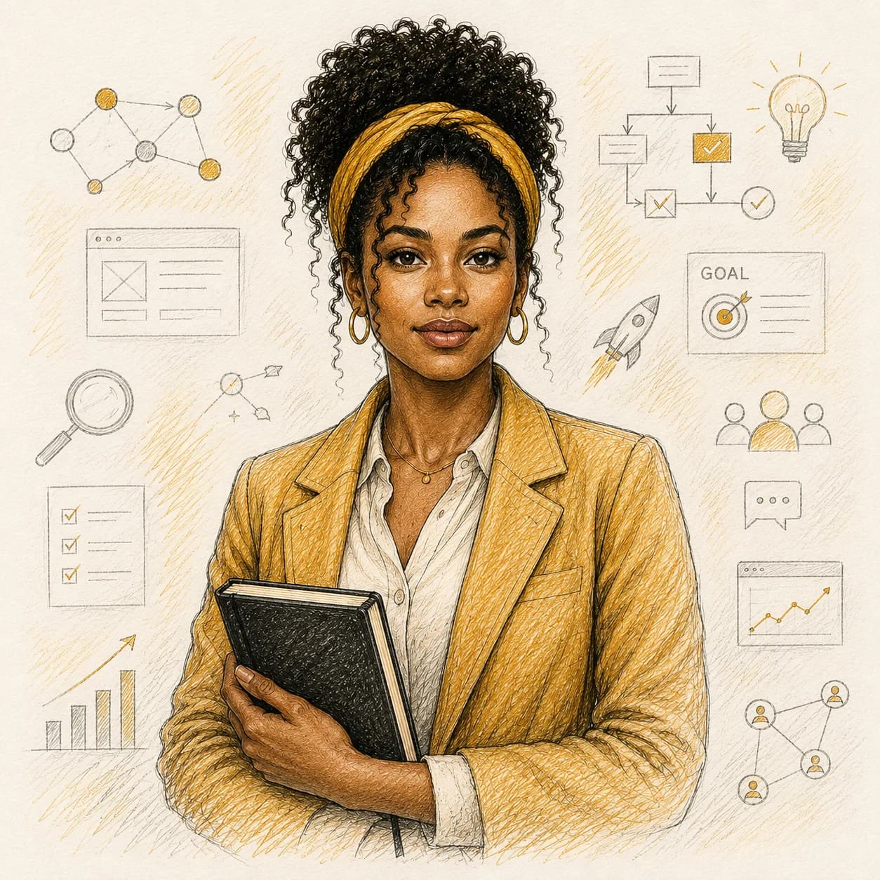 Iris, your AI Chief of Staff, surrounded by sketched business tools